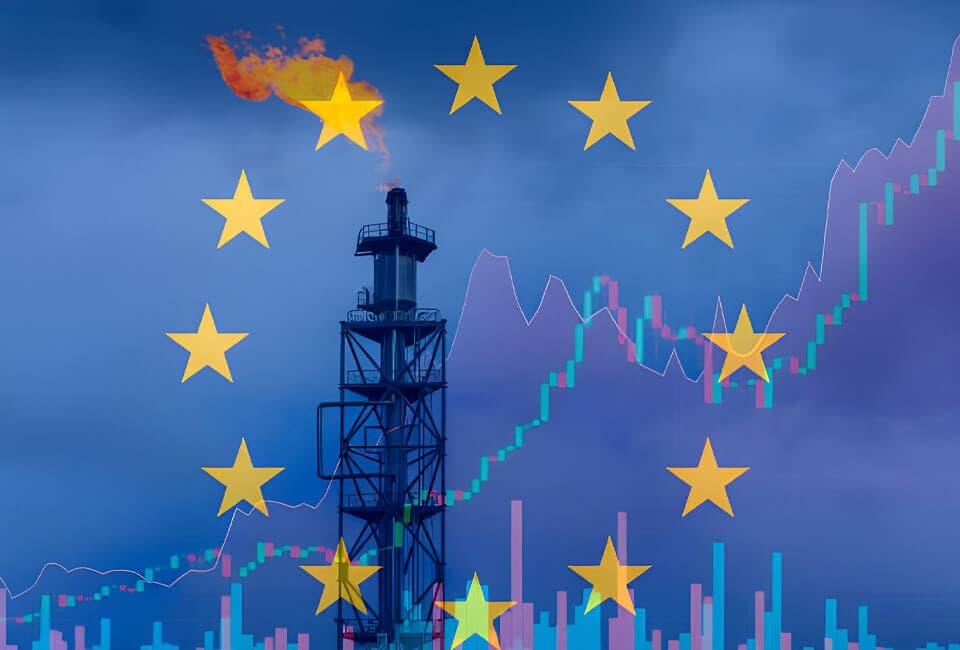 An oil refinery with flames, superimposed on the EU flag and a chart showing rising energy prices.