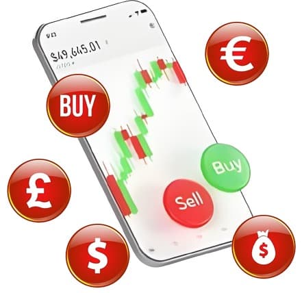 A smartphone displaying a forex trading app interface with candlestick charts, buy and sell buttons, and currency symbols.